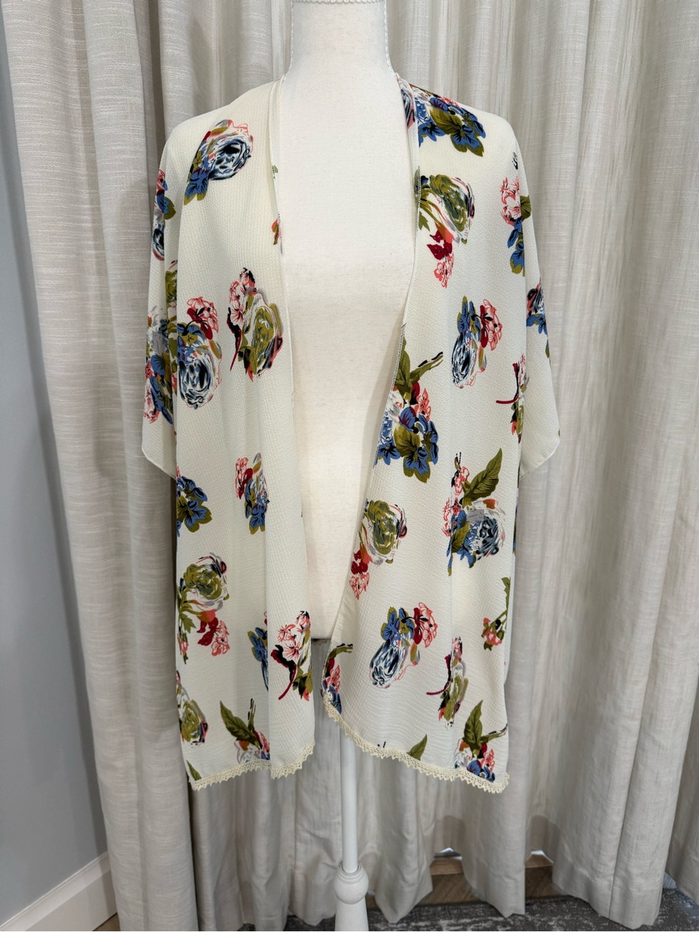 Cream Floral Open Kimono with Blue & Olive Blooms